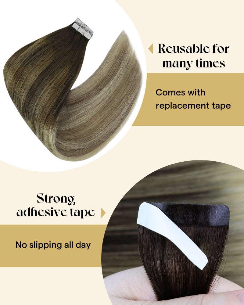 Ve Sunny Tape in Hair Extensions Real Human Hair Invisible Remy Human Hair Straight Tape Ins Double Sided Dark Brown Balayage Dark Golden Blonde Highlight Platinum Blonde 22 inch 10Pcs 25G - Image 4